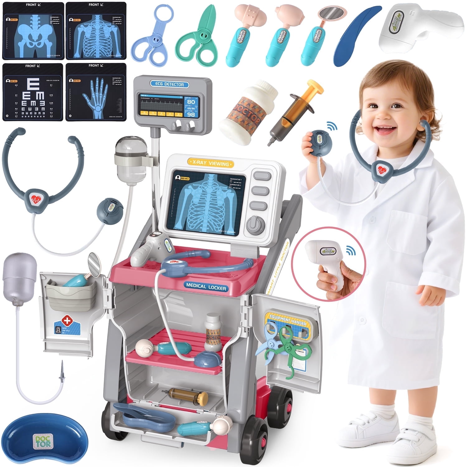 UQN Kids Doctors Play Set, Toy Doctor Kit for Toddlers 3-5Pretend Play Medical Station Toy Set for Girls Boys, Role Play Doctor Cart Christmas Birthday Gift for Toddlers/Kids Ages 2-4 3-5.(Red)