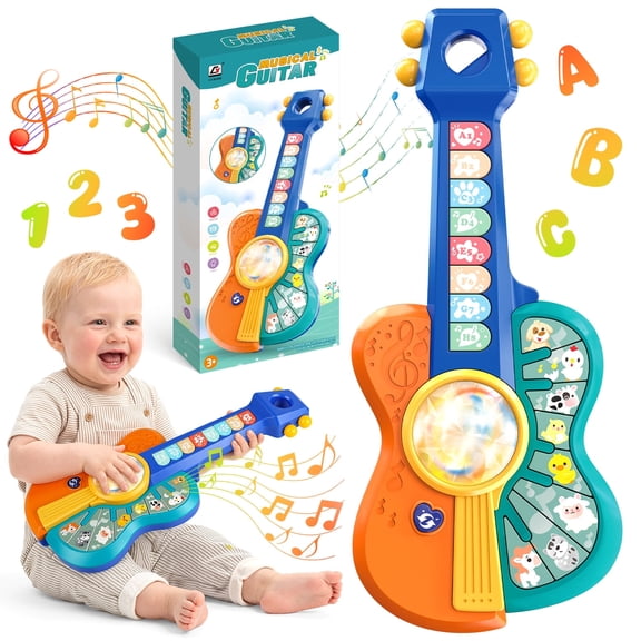 UQN Toy Guitar for Toddlers, Baby Musical Guitar Piano Toys for 12-18 Month Baby, Multiple Modes with Animal Sound and Light, Educational Toys for 1 2 Year Old Boys Girls Birthday Gifts