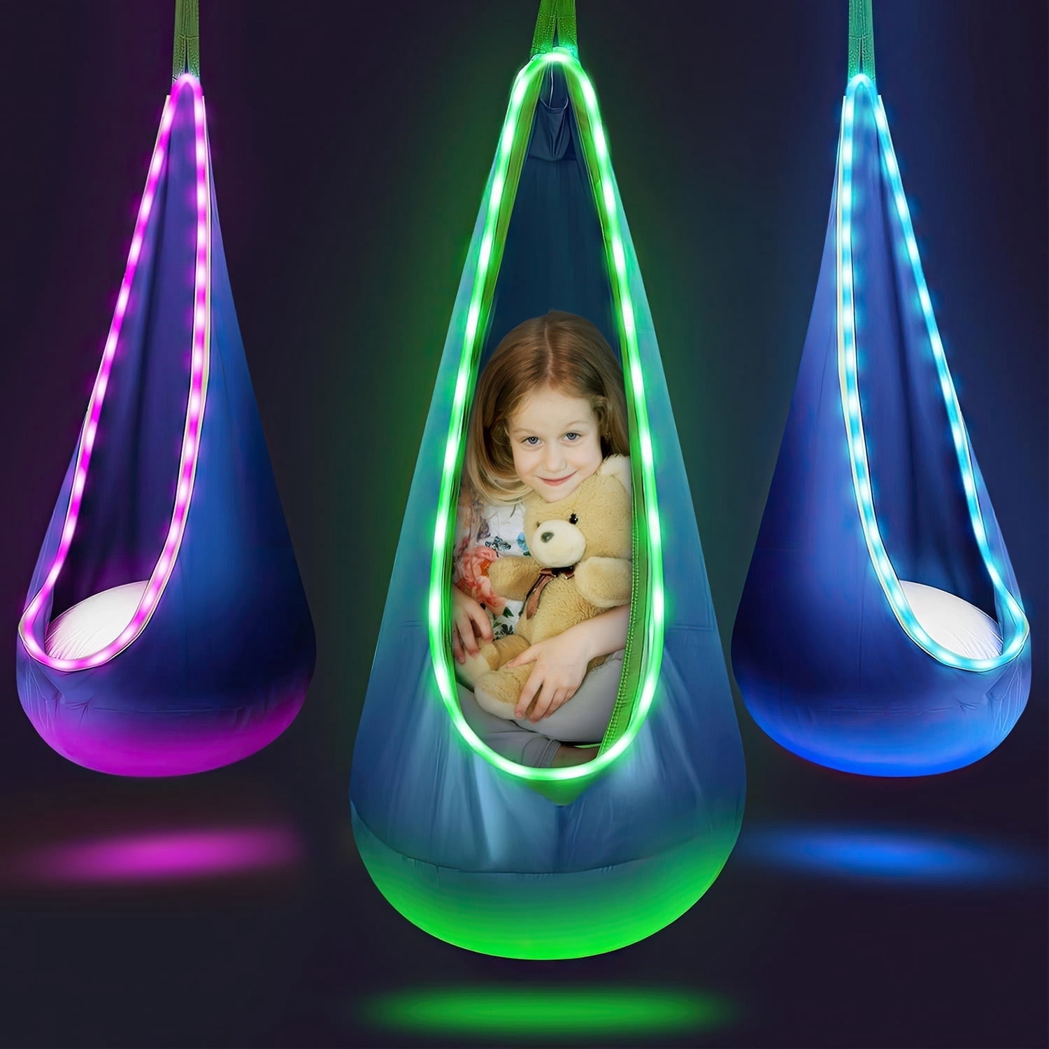 UQN Kids Pod Swing Seat, Light Up Hanging Hammock Chair with Inflatable Pillow, Indoor and Outdoor Toy Sensory Swing for kids, 100% Cotton Loading Capacity 176 lbs