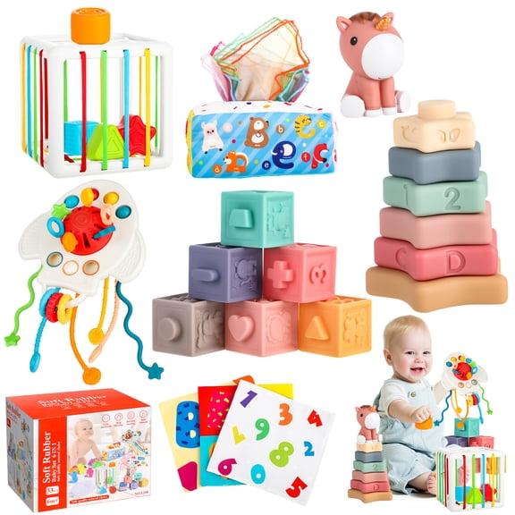 UQN Montessori Toys for 1 2 Year Old, 6 in 1 Baby Toys for 6-12-18 Months, Infant Sensory Toy Set , Shape Sorter and Activity Toys, Learning Gifts for Baby Boys Girls,Christmas Birthday Gift