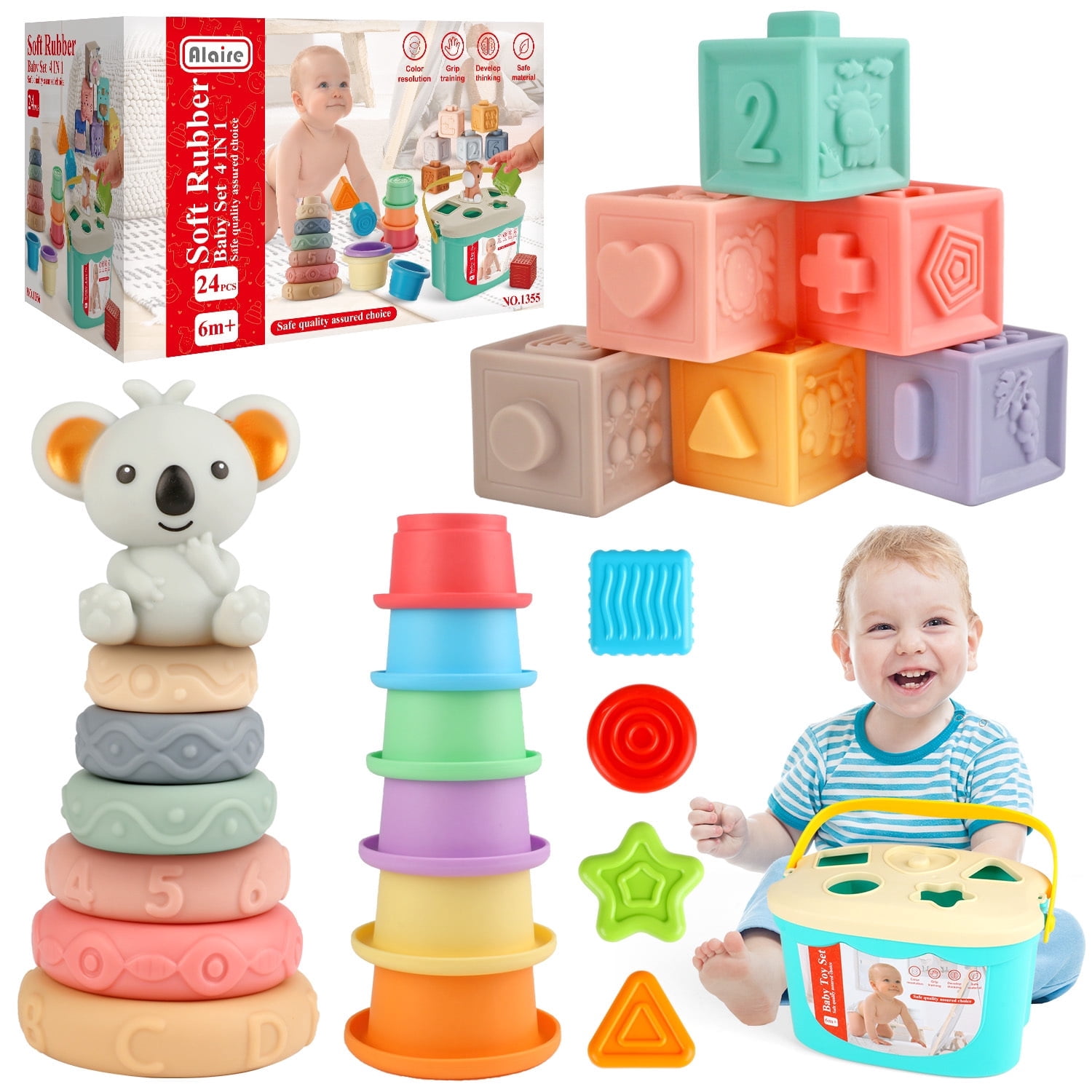 UQN Montessori Toys for 1 Year Old, 4 In 1 Baby Blocks Toys 6-12 Months, Soft Baby Teething Toys, Learning Gifts for Baby Girls Boys, Birthday Chrismas Gift