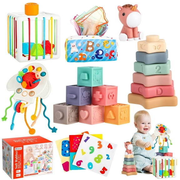 UQN Montessori Toys for 1 2 Year Old, 6 in 1 Baby Toys for 6-12-18 Months, Soft Baby Teething Toys, Learning Gifts for Baby Girls Boys,  Chrismas Birthday Gift