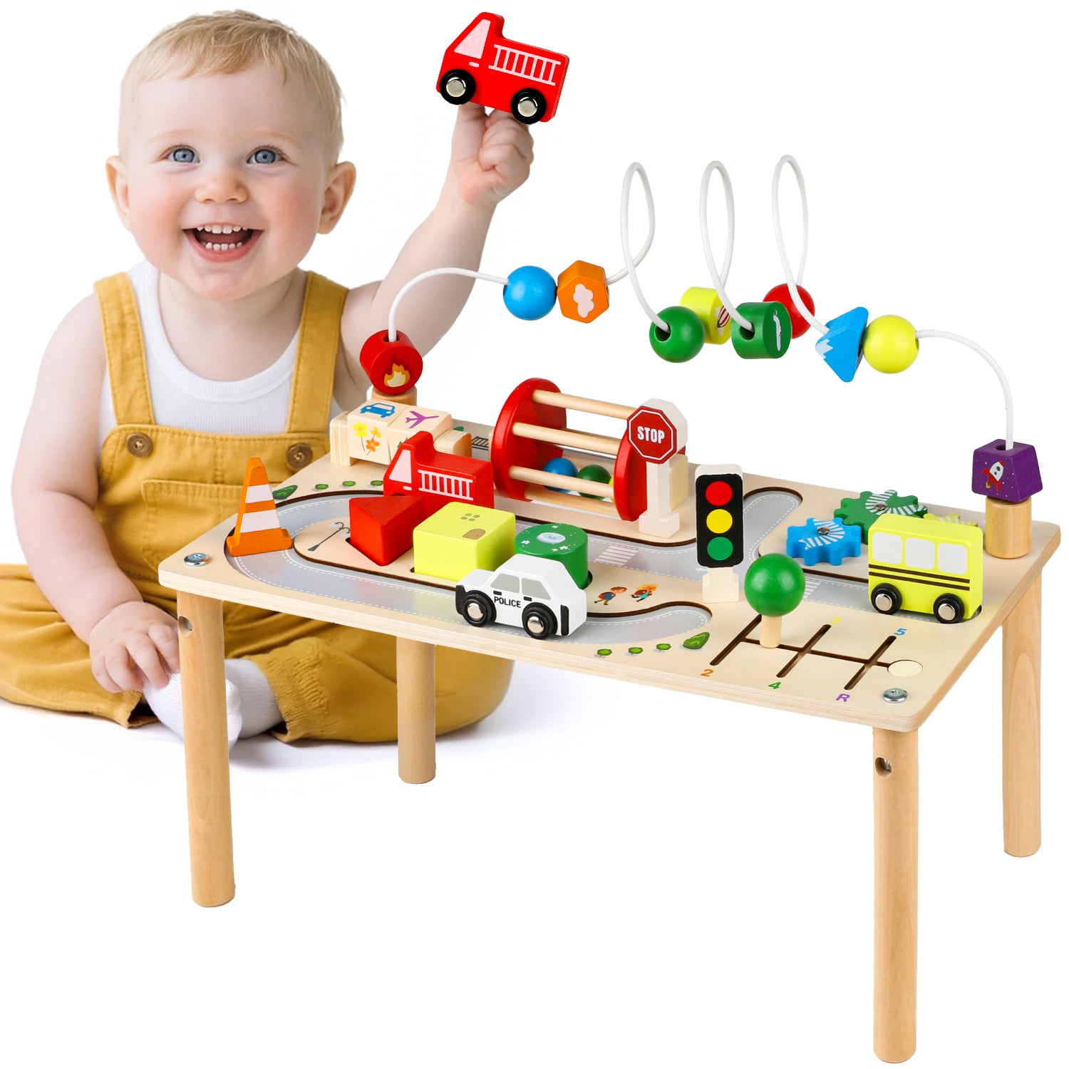 UQN Montessori Toys for 1 2 3 4 Year Old, 7 in 1 Baby Toys for 6-18 Months, Wooden Toddler Activity Table, Kids Traffic Sensory Table, Learning Gifts for Baby Girls Boys, Christmas Birthday Gift