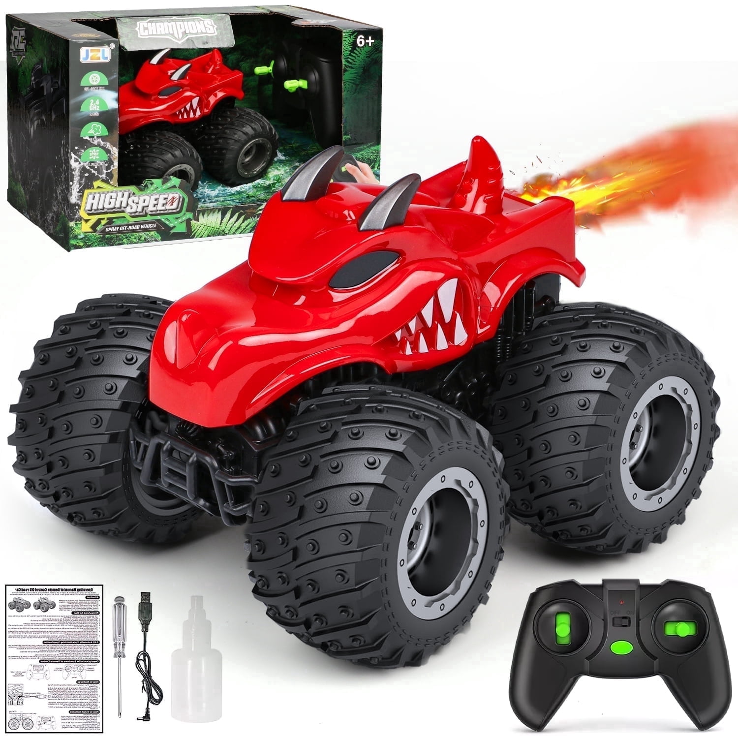 UQN Remote Control Dinosaur Toy Cars for Kids, 2.4 GHz RC Monster Trucks for Boy with Spray, All Terrain RC Dinosaur Car, Christmas Birthday Gifts for ages 3 4 5 4 6 7 8 Boys Toys, Red