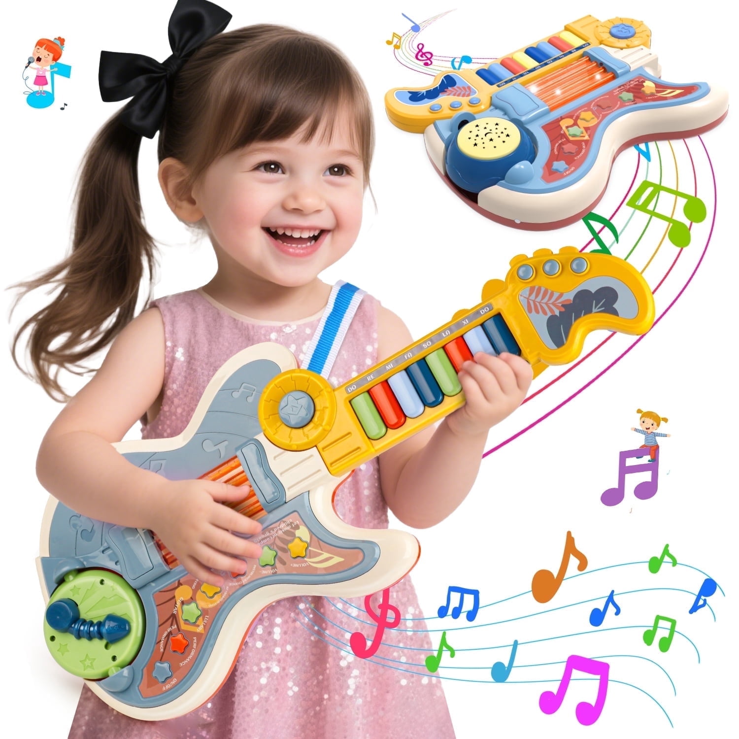 UQN Toddler Guitar for Kids Age 5-9, 4 In 1 Kids Electric Guitar, Piano Guitar, Toy Guitar with Lullaby Projector, Kids Toddler Musical Instruments Toys for 3 4 5 6 7 8 9 Years Old Boys Girls Gifts