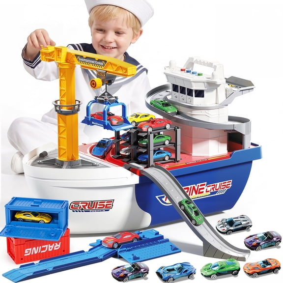 UQN Cargo Ship Toy & Crane for kids, Toy Boat and Crane Playset, Race Track with 6 Cars, Transport Cruise Ship, Cargo Boat Toy Birthday Gift for 3 4 5 6 7 8 Years Old Boys Kids
