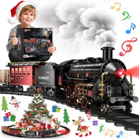 UQN Electric Train Set Toy, Alloy Toddler Model Train Set with Smokes, Lights & Sound, Christmas Train Set with Steam Locomotive Engine, Educational Gift Toy Train for Boys Girls Age 2 3 4 5 6 Kids