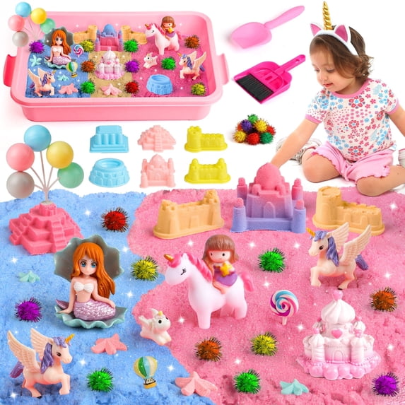 UQN Unicorn Sensory Bin Toys for Girls, 37 PCS Sensory Bins for Toddlers 3-4 with Castle Molds and Sandbox, Christmas Birthday Gift for Girls Toddler Age 3 4 5 6 7 8