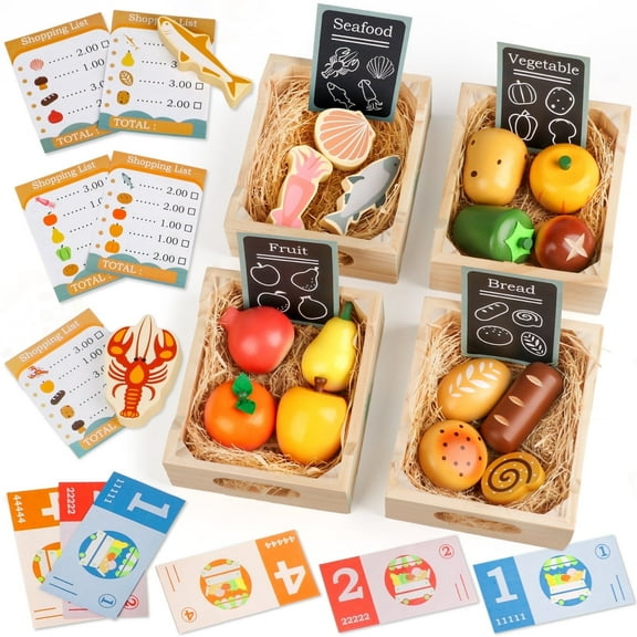 UQN Wooden Play Food Set for Kids Kitchen, Wooden Toy Food,Pretend Play Kitchen Accessories Set, Play Food for Toddlers 1-3, 3 4 5 6 Year Kids Boys Girls Christmas Birthday Gifts