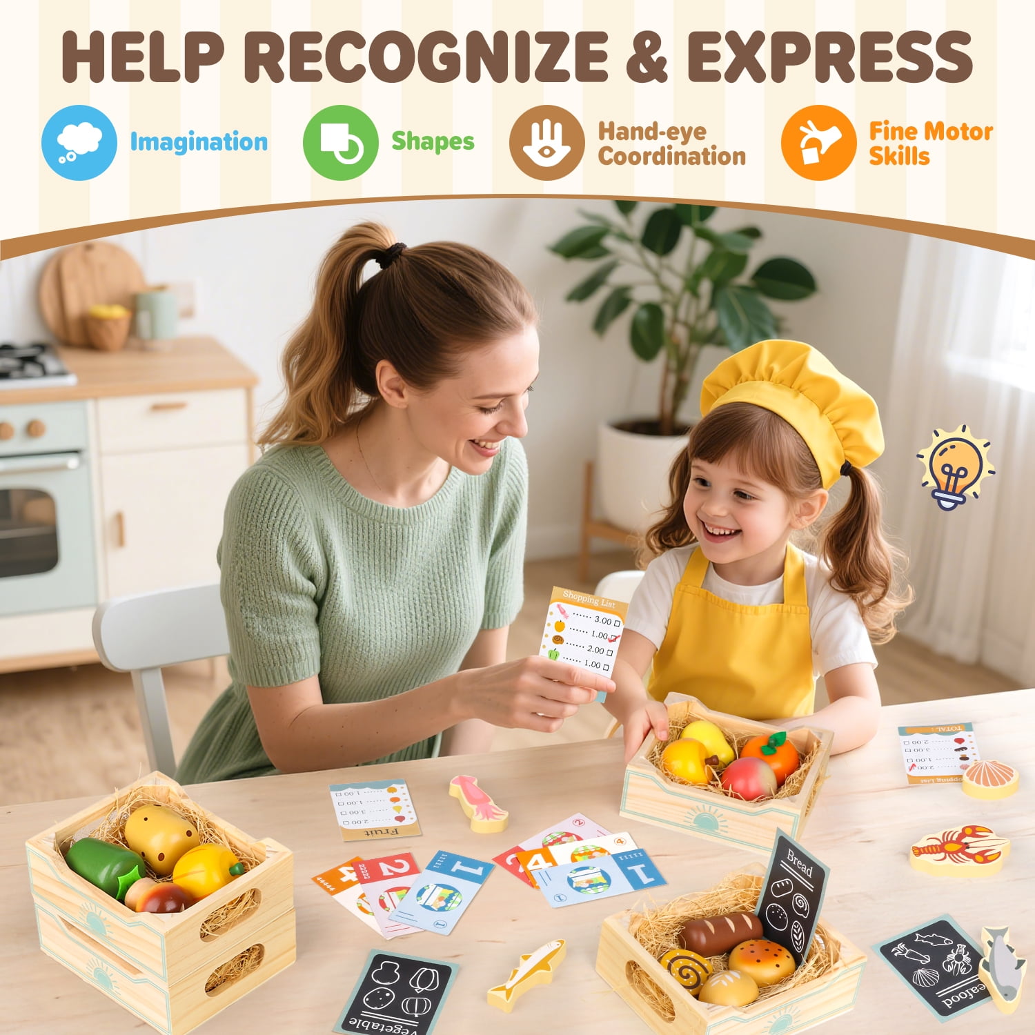 UQN Wooden Play Food Set for Kids Kitchen, Wooden Toy Food,Pretend Play Kitchen Accessories Set, Play Food for Toddlers 1-3, 3 4 5 6 Year Kids Boys Girls Christmas Birthday Gifts