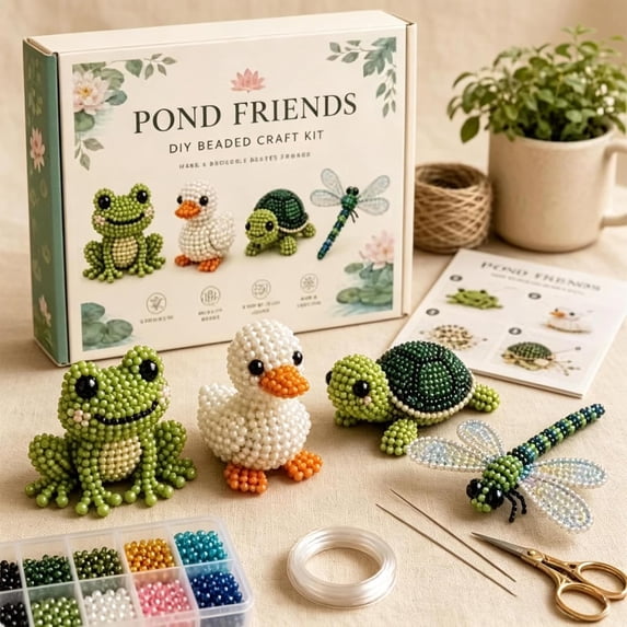 UQVIY 2026 Tiny 3D Beaded Animal DIY Kit, 4-Pack Beginner Bead Animal Making Kit, Mini 3D Animals Bead Pets Kit for Adults & Teens - Stress Relief Handmade Decoration Gift (Pond Friends)
