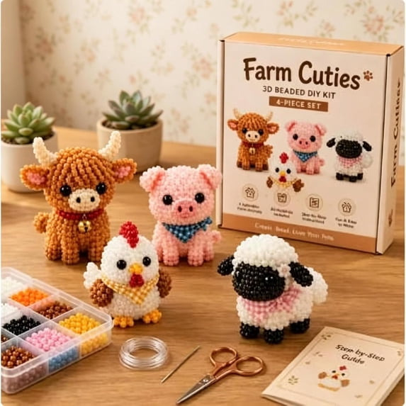 UQVIY 2026 Tiny 3D Beaded Animal DIY Kit, 4-Pack Beginner Bead Animal Making Kit, Mini 3D Animals Bead Pets Kit for Adults & Teens - Stress Relief Handmade Decoration Gift (Farm Cuties)