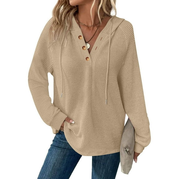 UQjfacai Hoodies for Women Fall Winter Waffle Knit Long Sleeve Drawstring Button V Neck Casual Pullover Sweatshirt Hooded Tops