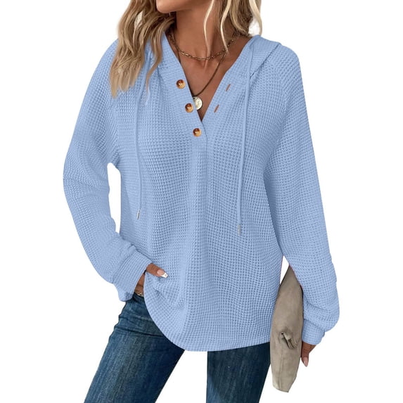 UQjfacai Hoodies for Women Fall Winter Waffle Knit Long Sleeve Drawstring Button V Neck Casual Pullover Sweatshirt Hooded Tops