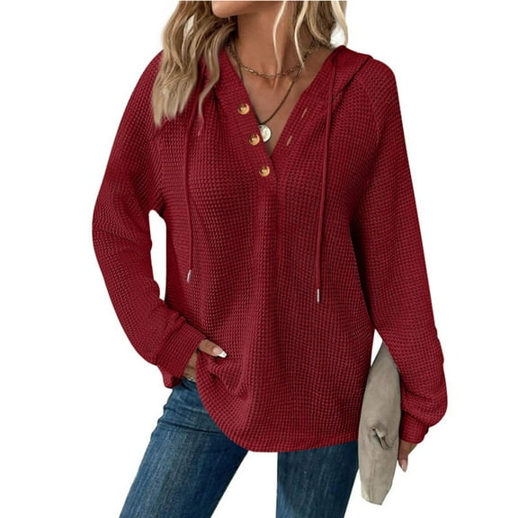 UQjfacai Hoodies for Women Fall Winter Waffle Knit Long Sleeve Drawstring Button V Neck Casual Pullover Sweatshirt Hooded Tops