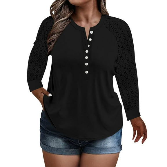 UQjfacai Womens Button Crewneck Sweater Fall Plus Size Lace Long Sleeve Henley Shirts Spring Trendy Loose Tunic Pullover Tops