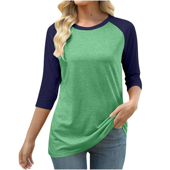 UQjfacai Womens Crewneck 3/4 Sleeve Tops Color Block Raglan Shirts Plus Size Basic Tee Fall Winter Casual Loose Tunic Cute Blouses