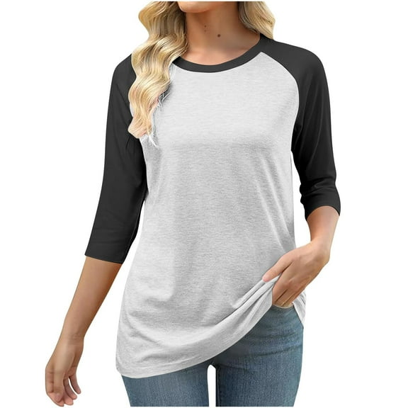 UQjfacai Womens Crewneck 3/4 Sleeve Tops Color Block Raglan Shirts Plus Size Basic Tee Fall Winter Casual Loose Tunic Cute Blouses