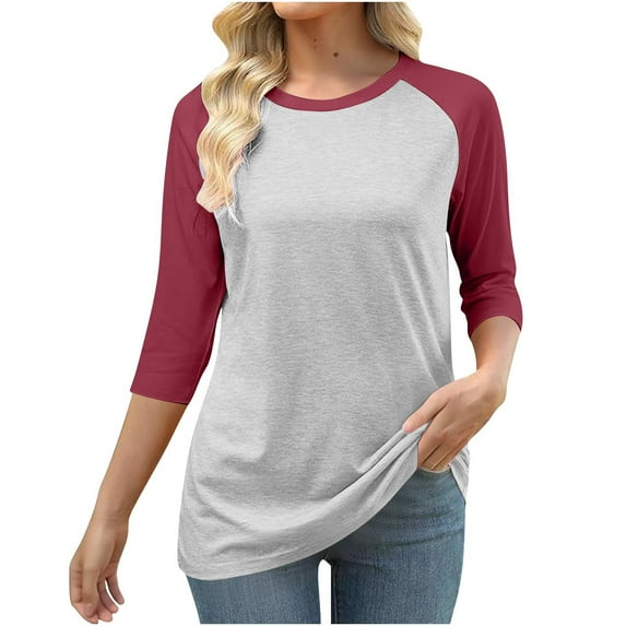 UQjfacai Womens Crewneck 3/4 Sleeve Tops Color Block Raglan Shirts Plus Size Basic Tee Fall Winter Casual Loose Tunic Cute Blouses