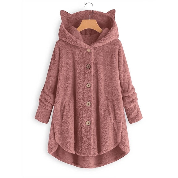 UQjfacai Womens Hoodies Coat Cat Ear Hooded Plush Tops Fall Winter Fashion Loose Plus Size Button Long Sleeve Fleece Pullover Sweaters