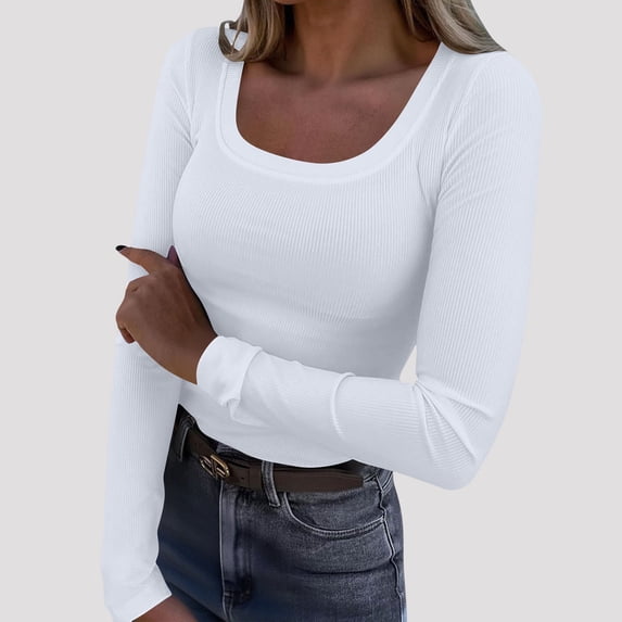 UQjfacai Womens Long Sleeve Stretch Crewneck Ribbed T-Shirt Slim Fitted Casual Basic Tees Fall Winter Going Out Tops Y2k Clothes