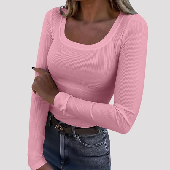 UQjfacai Womens Long Sleeve Stretch Crewneck Ribbed T-Shirt Slim Fitted Casual Basic Tees Fall Winter Going Out Tops Y2k Clothes