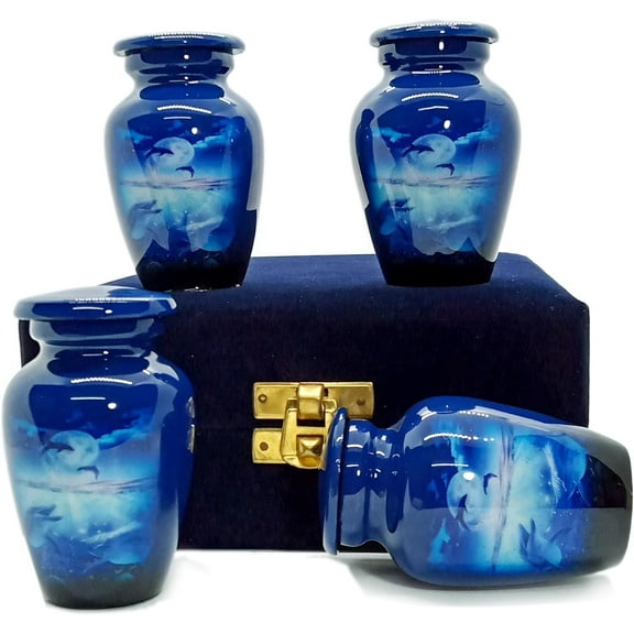 UR Keepsake Urn Set of 4-Dolphin with Moon Blue Keepsake Cremation Urn for Human Ashes with Velvet Box & 4 Velvet Bag-Mini Keepsake Urn - Affordable Keepsake Urn (3 cu.in x 4pcs)