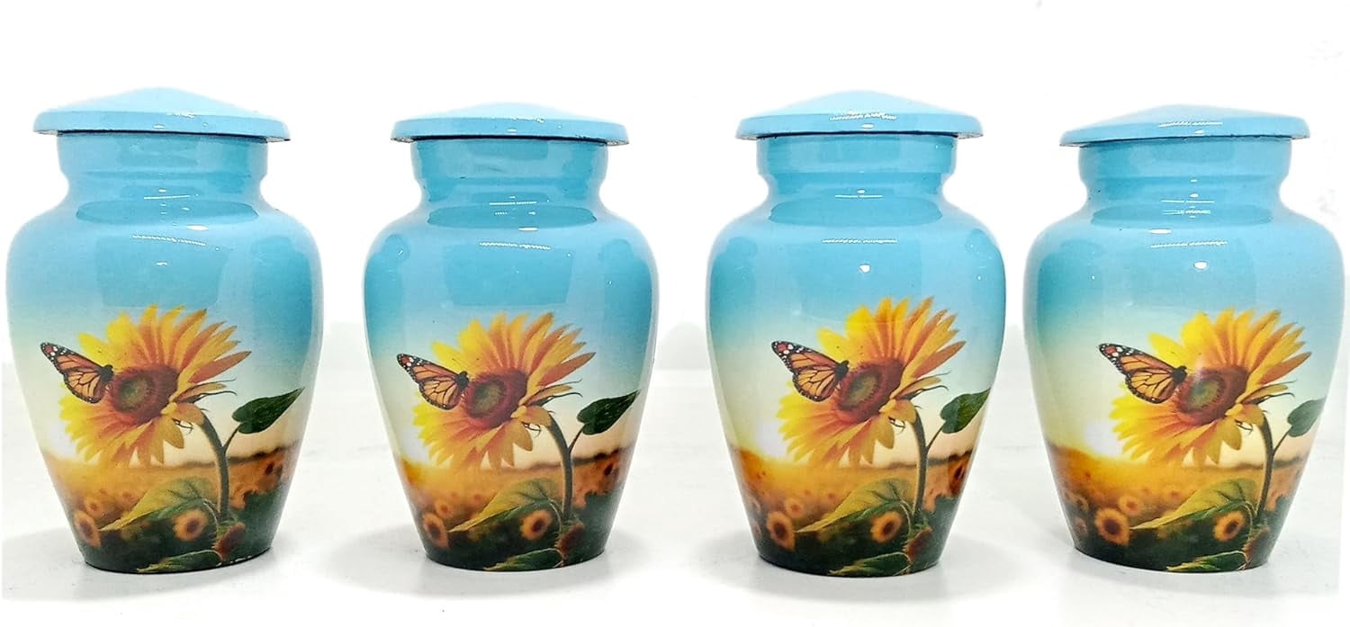 UR Keepsake Urn Set of 4-Sunflower with Butterfly Cremation Keepsake Urn for Human Ashes with Velvet Box & 4 Velvet Bag-Mini Keepsake Urn - Affordable Keepsake Urn (3 cu.in x 4pcs) (1)