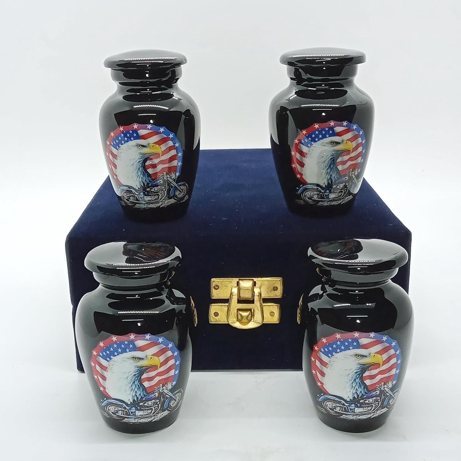 UR Keepsake Urn Set of 4- US Flag Eagle with Harley Davidson Bike Keepsake Cremation Urn for Human Ashes with Velvet Box & 4 Velvet Bag-Mini Keepsake Urn - Affordable Keepsake Urn (3 cu.in x 4pcs)