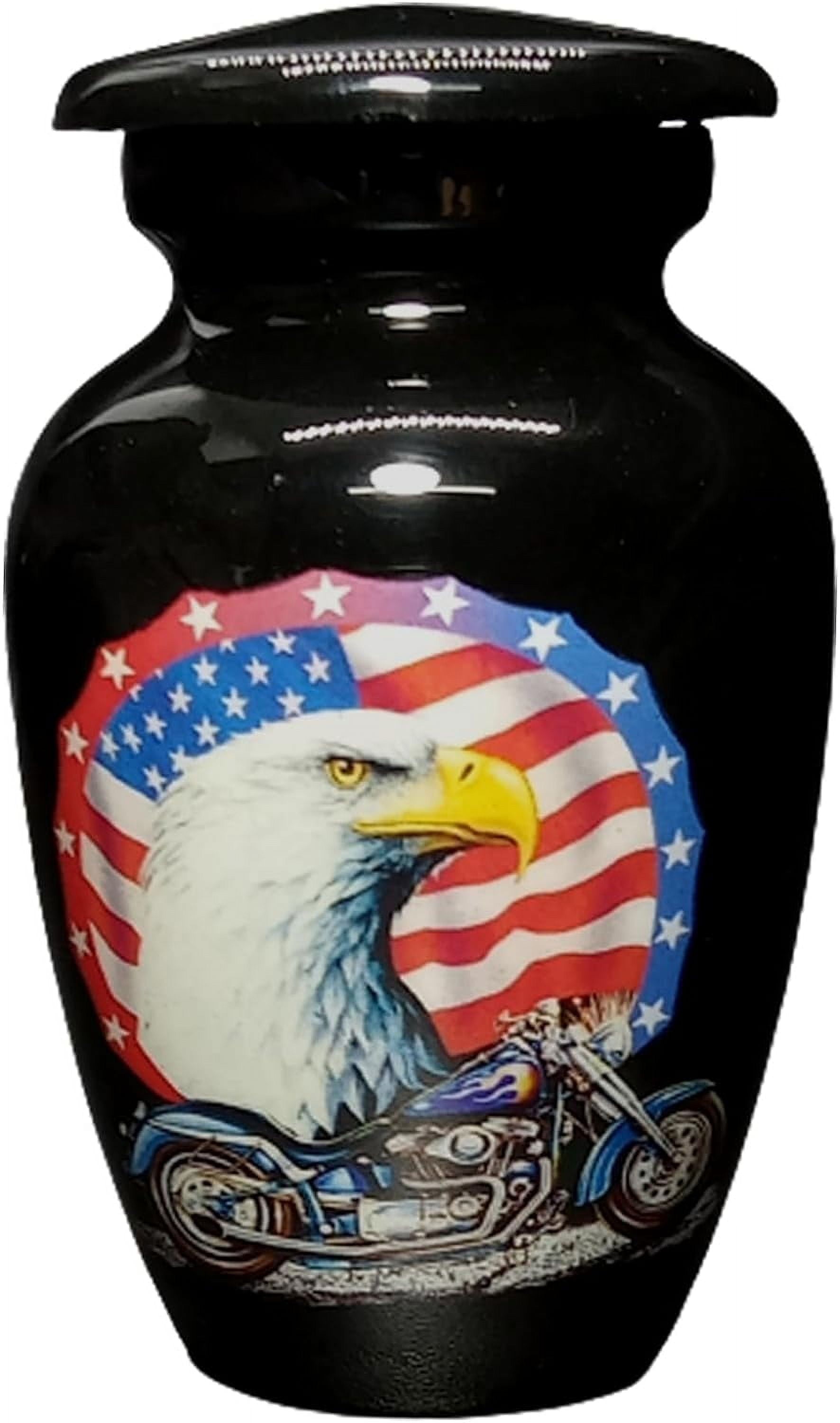 UR Keepsake Urn –US Flag Eagle with Harley Davidson Bike Keepsake Cremation Urn for Human Ashes with Velvet Box & Velvet Bag-Mini Keepsake Urn - Affordable Keepsake Urn (3 cu.in)