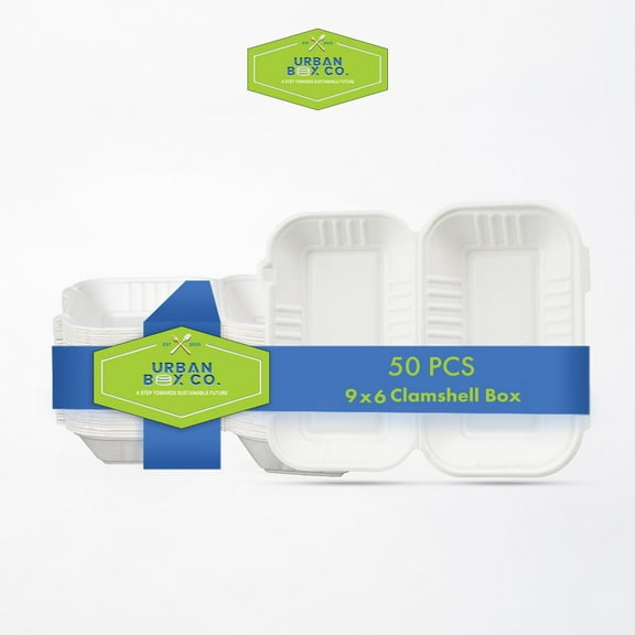 Urban Box Co 9x6" Eco-Friendly Bagasse Medium Clamshell Containers, 50-Count, 1 Pack, 20 Oz