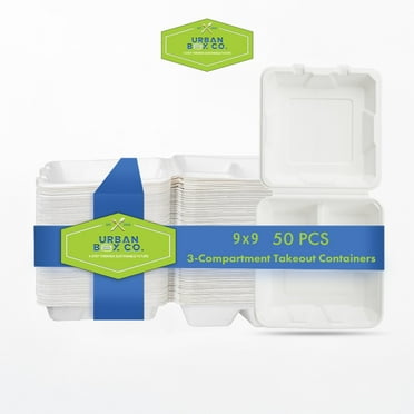 URBAN BOX CO. 50-Pack 9x9 3-Compartment Compostable Takeout Containers, Eco-Friendly Sugarcane Bagasse, Biodegradable Disposable To Go Boxes