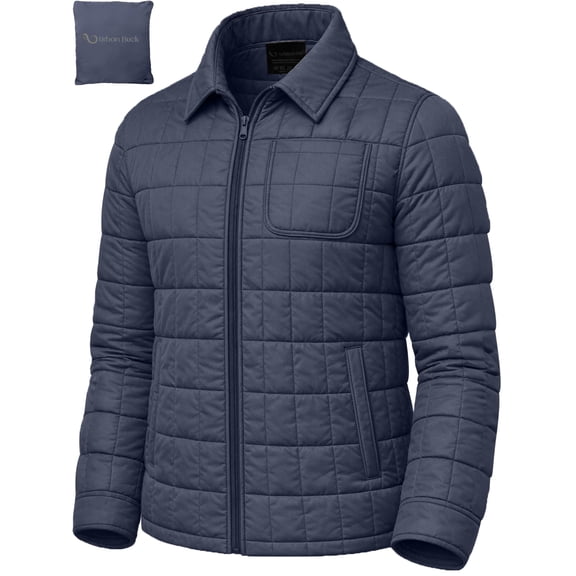 URBAN BUCK Mens Packable Puffer Jacket Warm Winter Zippered Hiking Quilted Coat N.Blue Sheller-M