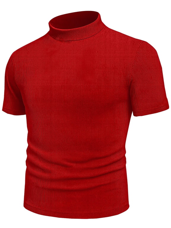 Short Sleeve Mock Turtle Neck Shirt Men Slim Fit Mock Neck Sweatshirt - Casual Ribbed Turtlenecks Sweater Monak Red Men T Shirt-L
