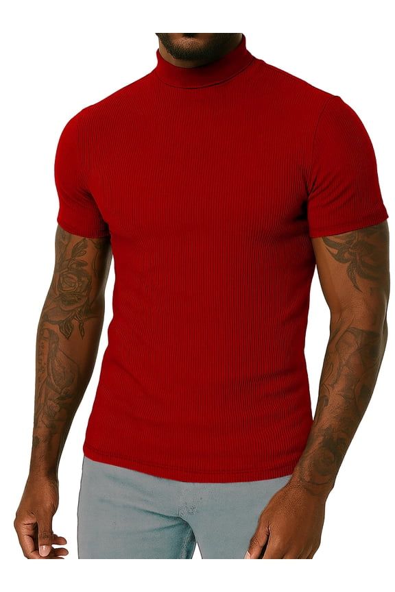 Short Sleeve Mock Turtle Neck Shirt Men Slim Fit Mock Neck Sweatshirt - Casual Ribbed Turtlenecks Sweater Monak Red Men T Shirt-S