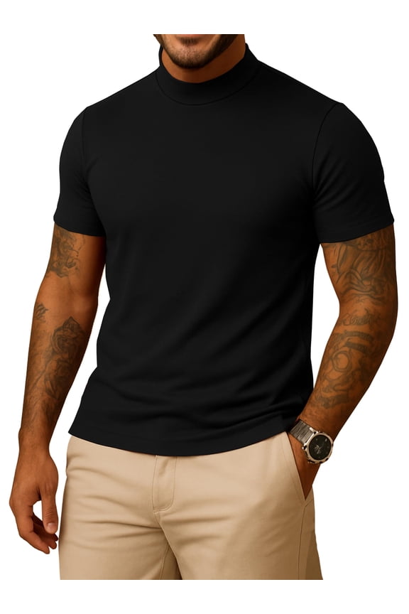 Short Sleeve Mock Turtle Neck Shirt Men Slim Fit Mock Neck Sweatshirt - Casual Ribbed Turtlenecks Sweater Murphy Black Men T Shirt -M