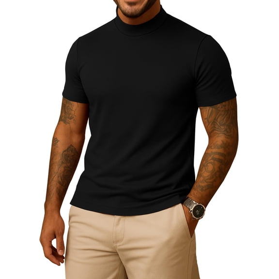 URBAN BUCK Short Sleeve Mock Turtle Neck Shirt Men Slim Fit Mock Neck Sweatshirt - Casual Ribbed Turtlenecks Sweater Murphy Black Men T Shirt- S
