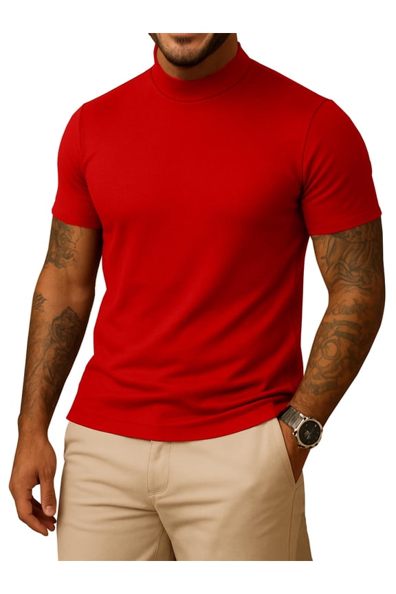 Short Sleeve Mock Turtle Neck Shirt Men Slim Fit Mock Neck Sweatshirt - Casual Ribbed Turtlenecks Sweater Murphy Red Men T Shirt -M