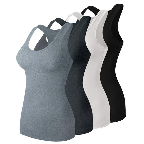 URBAN DAIZY Women's 4 Pack Tank Top Lightweight Basic Undershirt Racerback Camisole Stretch Cami Sleeveless Shirts A44_10828 BLK/WHT/HGR/CHA 3XL