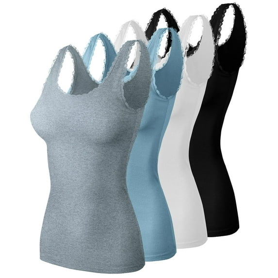 URBAN DAIZY Women's 4 Pack Tank Top Scoop Neck Lace Trimmed Rib Knit Camisole Stretch Cami Sleeveless Basic Shirts Black/Off White/HGrey/Ice Blue 2XL