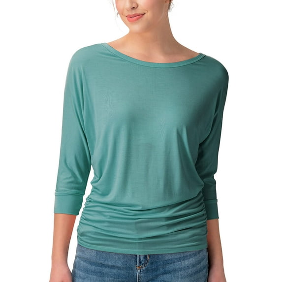 URBAN DAIZY Women's Boat Neck 3/4 Sleeve Dolman Tops All Purpose Staple Draped Tunic with Side Shirring Ruched Shirt Blouse A71_AT5574 Sage S