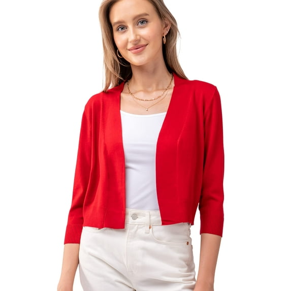 URBAN DAIZY Women's Classic 3/4 Sleeve Crop Bolero Cardigan Open Front Cropped Shrugs Knit Sweater A09_620 Red 3XL
