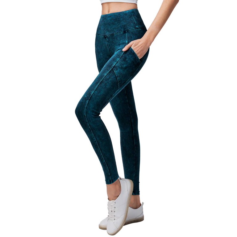 URBAN DAIZY Women's Mineral Washed Yoga Leggings Wide Elastic Waistband  Active Sports Stretch Pants with Pockets Deep Aqua XL 