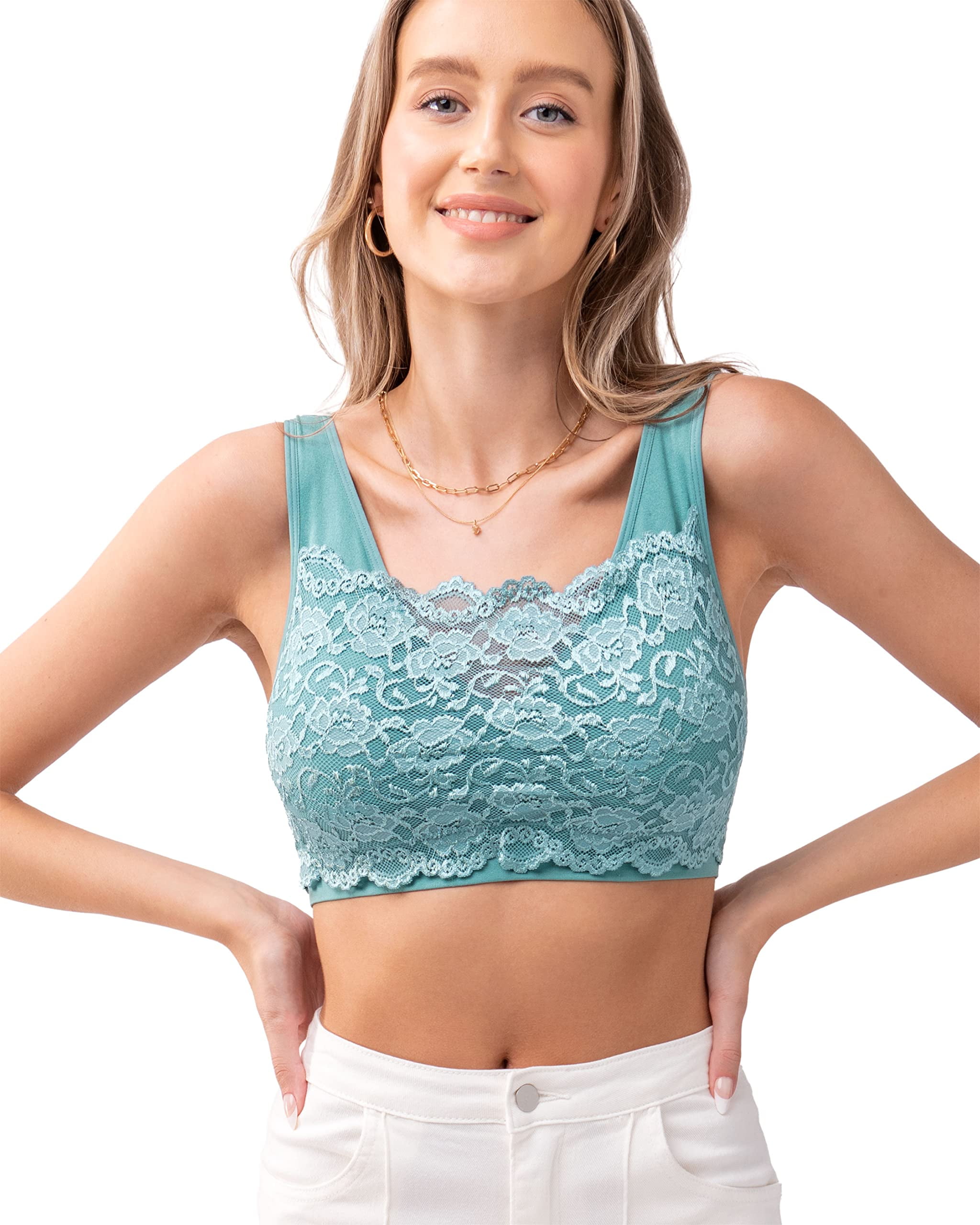 SEAMLESS BRA TOP WITH FRONT LACE COVER in CEMENT