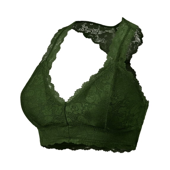 URBAN DAIZY Women's Seamless Lace Bra Racerback Padded Sexy Floral Mesh Bralette Crop Top Removable Pads Breathable Bustier A11_6324 Army Green 1XL