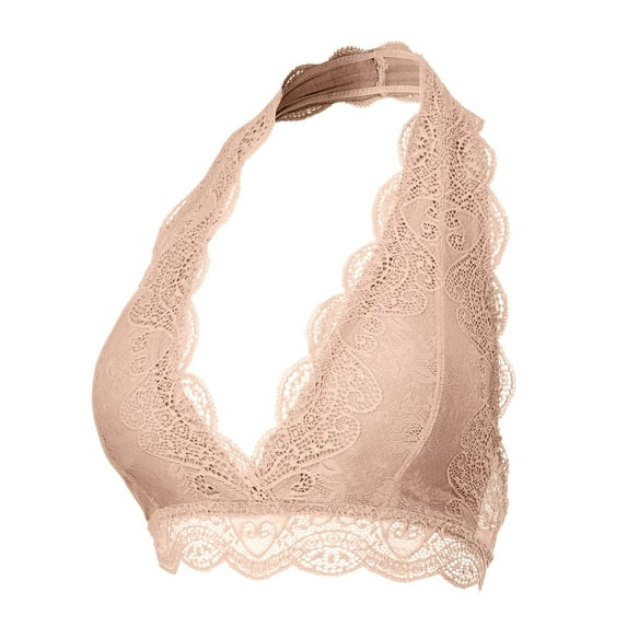 URBAN DAIZY Women's Seamless Lace Bra Scalloped Halter Padded Crop Top Lined Bralette Plunge Comfort Pads Yoga Bustier A17_6328 Ash Mocha 3XL