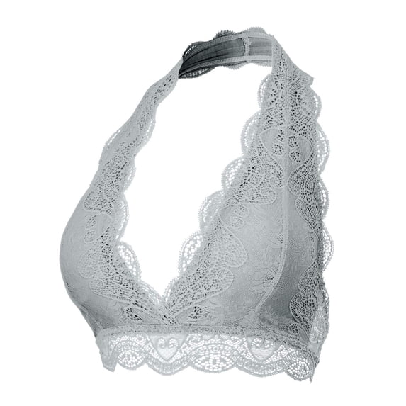 URBAN DAIZY Women's Seamless Lace Bra Scalloped Halter Padded Crop Top Lined Bralette Plunge Comfort Pads Yoga Bustier A17_6328 LT Grey L