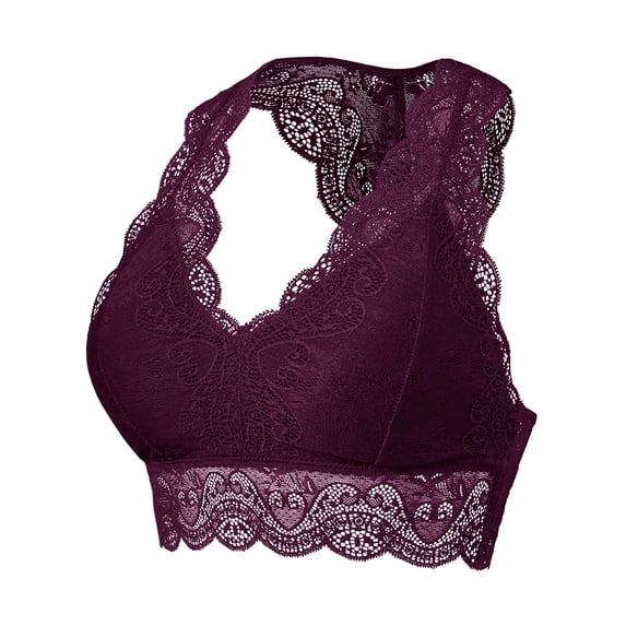 URBAN DAIZY Women's Seamless Racerback Lace Bra Removable Pads Sexy Floral Mesh Padded Bralette Built-in Shelf Bandeau A11_6327 Eggplant S