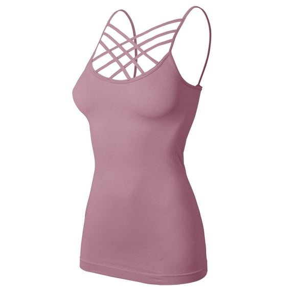 URBAN DAIZY Women's Seamless Triple Criss Cross Front Cami Top Lattice Strappy Tank Spaghetti Strap Camisole Undershirt A33_6660 Light Rose L/XL