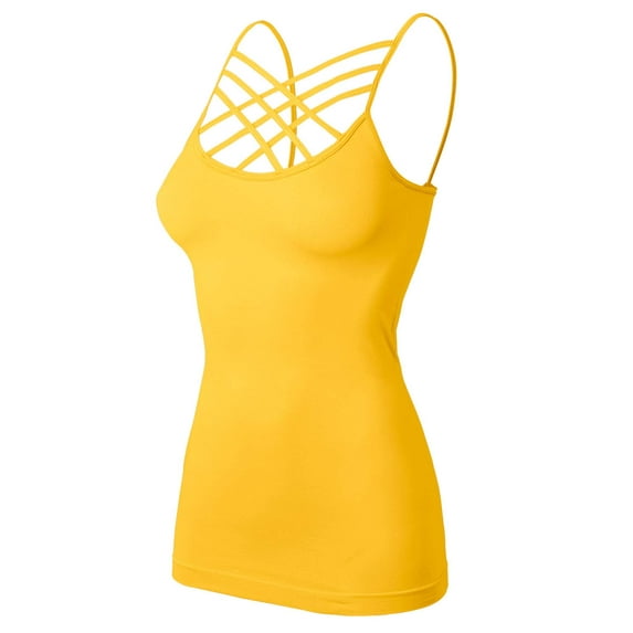 URBAN DAIZY Women's Seamless Triple Criss Cross Front Cami Top Lattice Strappy Tank Spaghetti Strap Camisole Undershirt A33_6660 Yellow L/XL